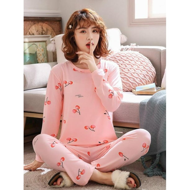 Women Girls Cartoon Long Sleeve Top Long Pants Soft Pajamas Set Sleepwear M-2XL Women Girls Cartoon Long Sleeve Top Long Pants Soft Pajamas Set Sleepwear M-2XL